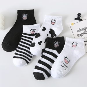 5 Pairs Cow Printed Socks Cute Short Socks